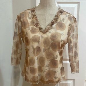 Vintage outfit petites blouse pullover sheer floral ruffle V-neck brown size M P